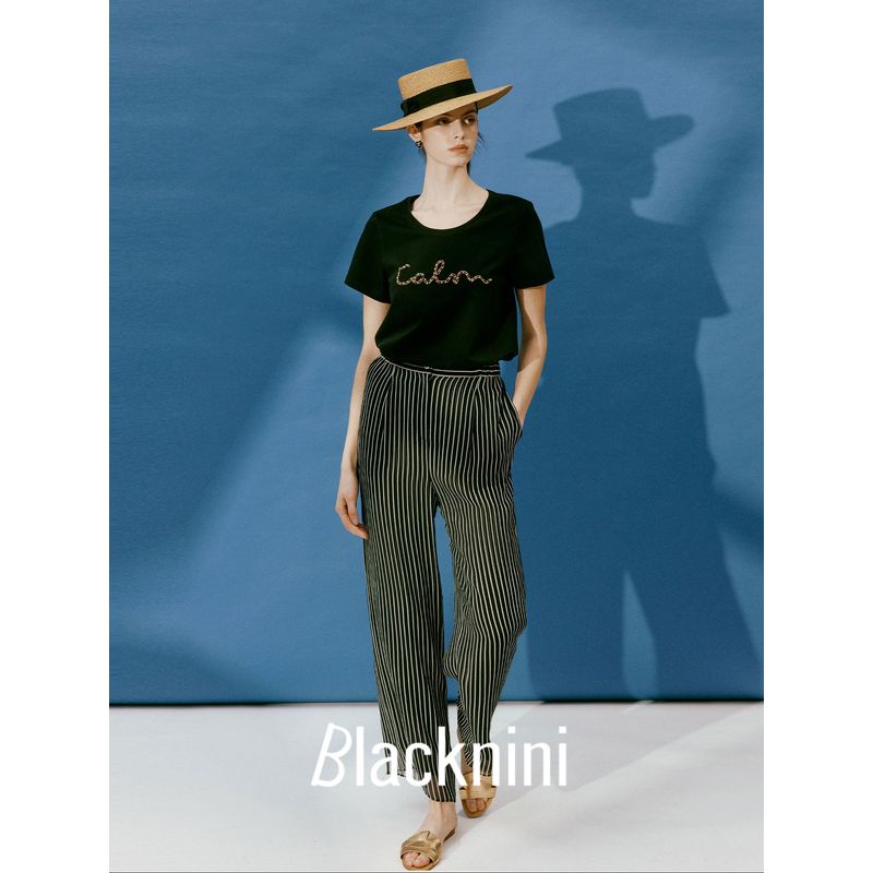 Blacknini Yin Huafu Less Is More Black and White Vertical Cut Chain Decoration round Neck T-shirt