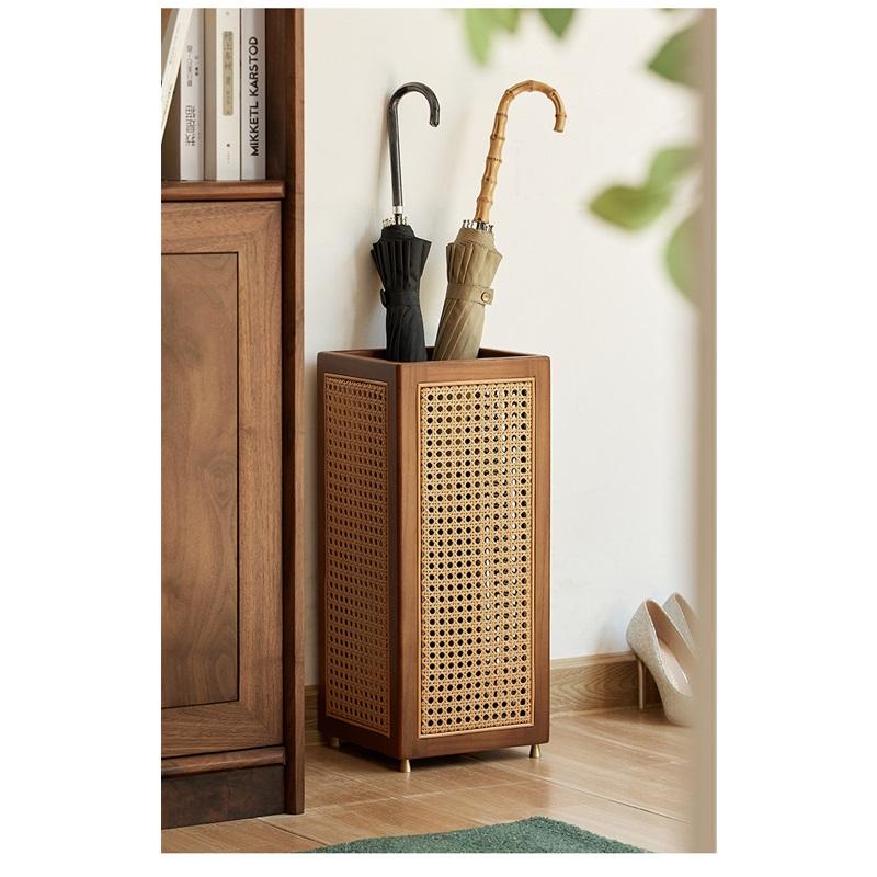 Chinese Style Solid Wood Rattan Umbrella Stand Freestanding Entryway Umbrella Storage Bucket