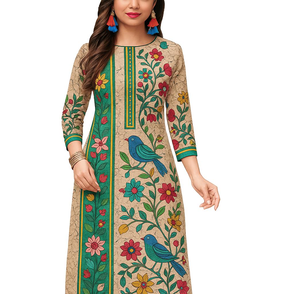 

Дышащая курти, Новинка, Стильная и удобная, Идеальный выбор на лето, Этнический винтажный принт по всей поверхности, Женская курта с принтом птиц 5XL дубильная кора