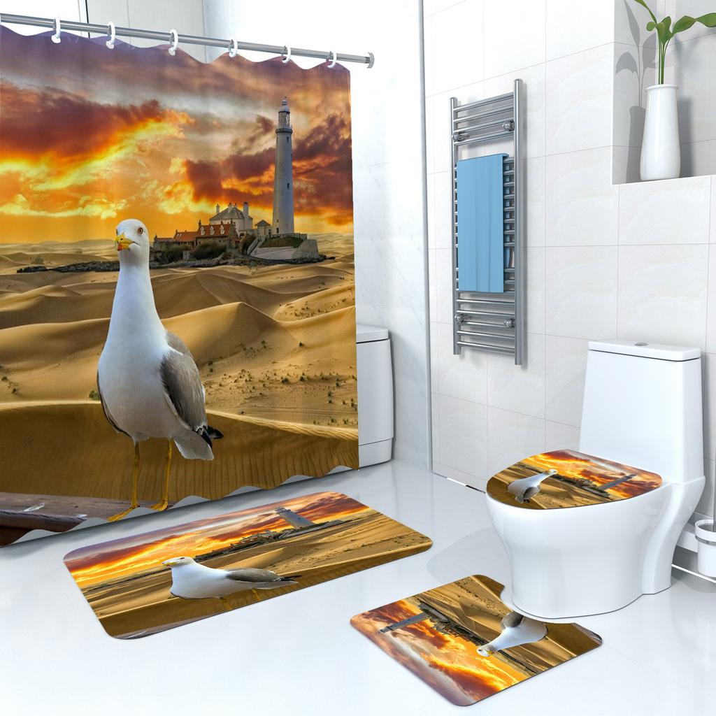 Shower Curtain Digital Printing Shower Curtain Lighthouse Landscape Polyester Bathroom Partition Curtain Bathroom Four-Piece Set