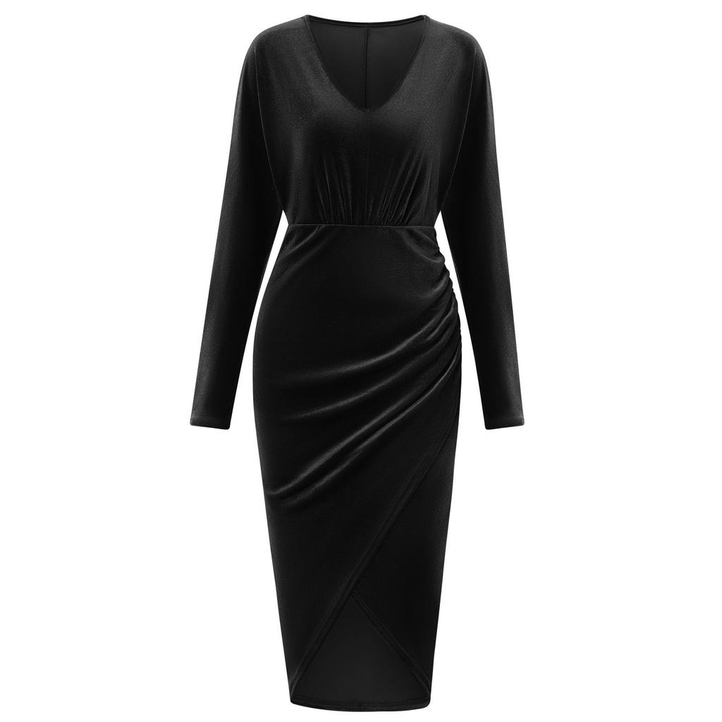 Women's Fashion Casual V-neck Color Waist Velvet Dress