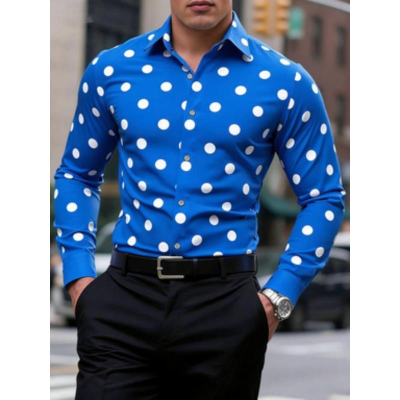 Men's Polka Dot Shirt Casual, Breathable, Comfortable, Fashionable and Trendy Men's Long Sleeved Shirt, Lapel Shirt
