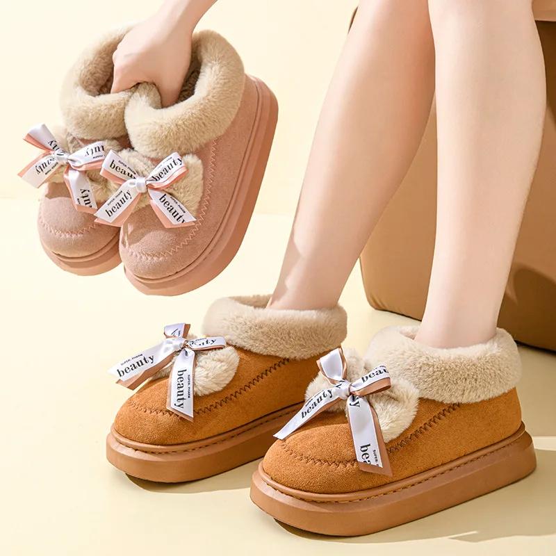 Fashion Women's Bowknot Decor Platform Snow Boots Faux Suede Thicken Plush Winter Shoes Woman Fashion Fluffy Faux Fur Warm Ankle Boots