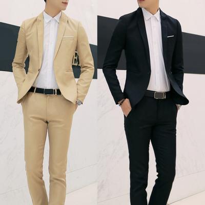 2Pcs Office Business Men Solid Color Lapel Long Sleeve Slim Blazer Pants Suit