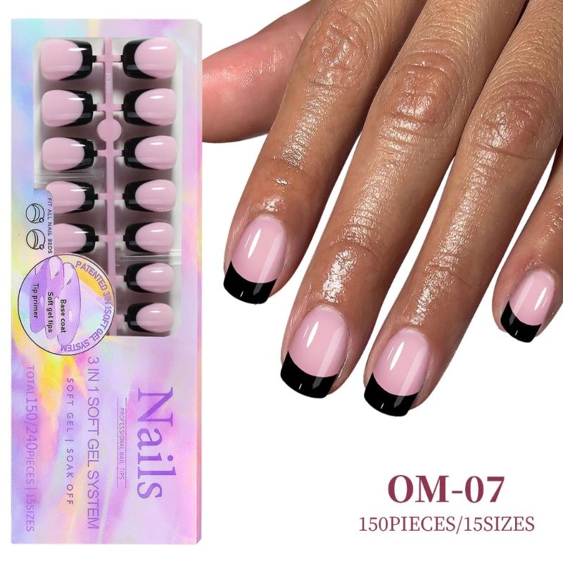 150Pcs Black French Tip Gel Nail Tips Short Coffin Shape Press on Nails Short for Women False Nails 15 Sizes