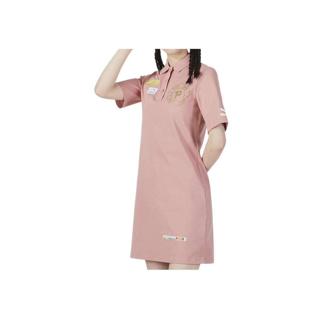 Puma Solid Color Badge Breathable Polo Collar Short Sleeve Dress Women Dresses Pink 537042-24