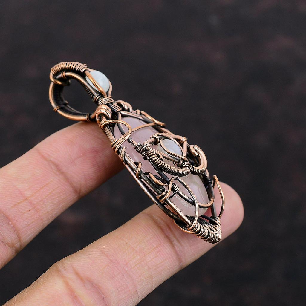 Evil Eye Rose Quartz Pendant Copper Wire Wrapped Pendant Rainbow Moonstone Gemstone Pendant Gift For Him Evil Eye Jewelry Handmade Pendant