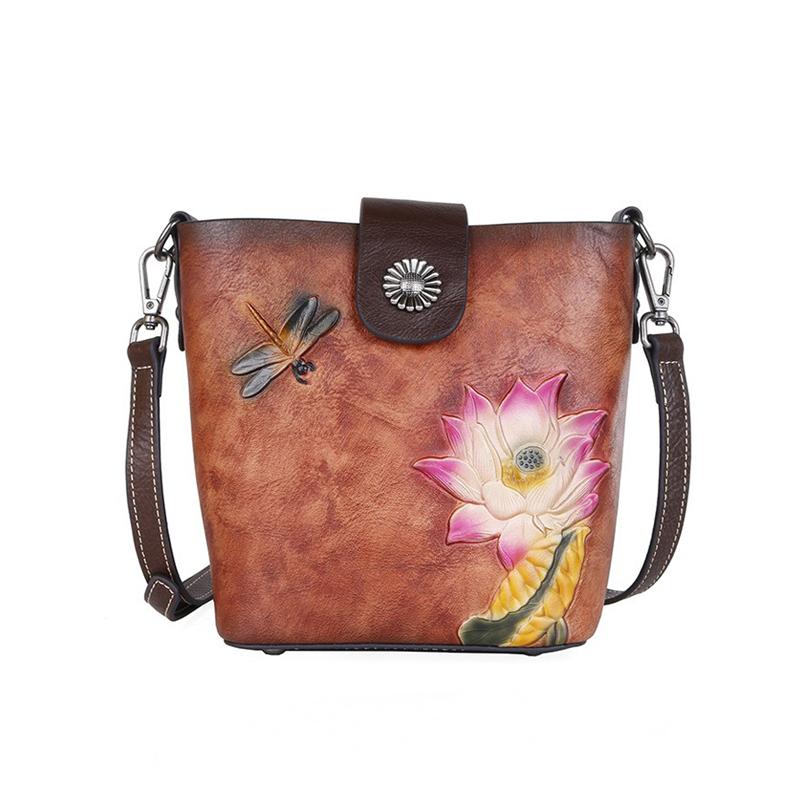 Genuine Leather Women's Vintage Bag   Crossbody Bag Flower Design