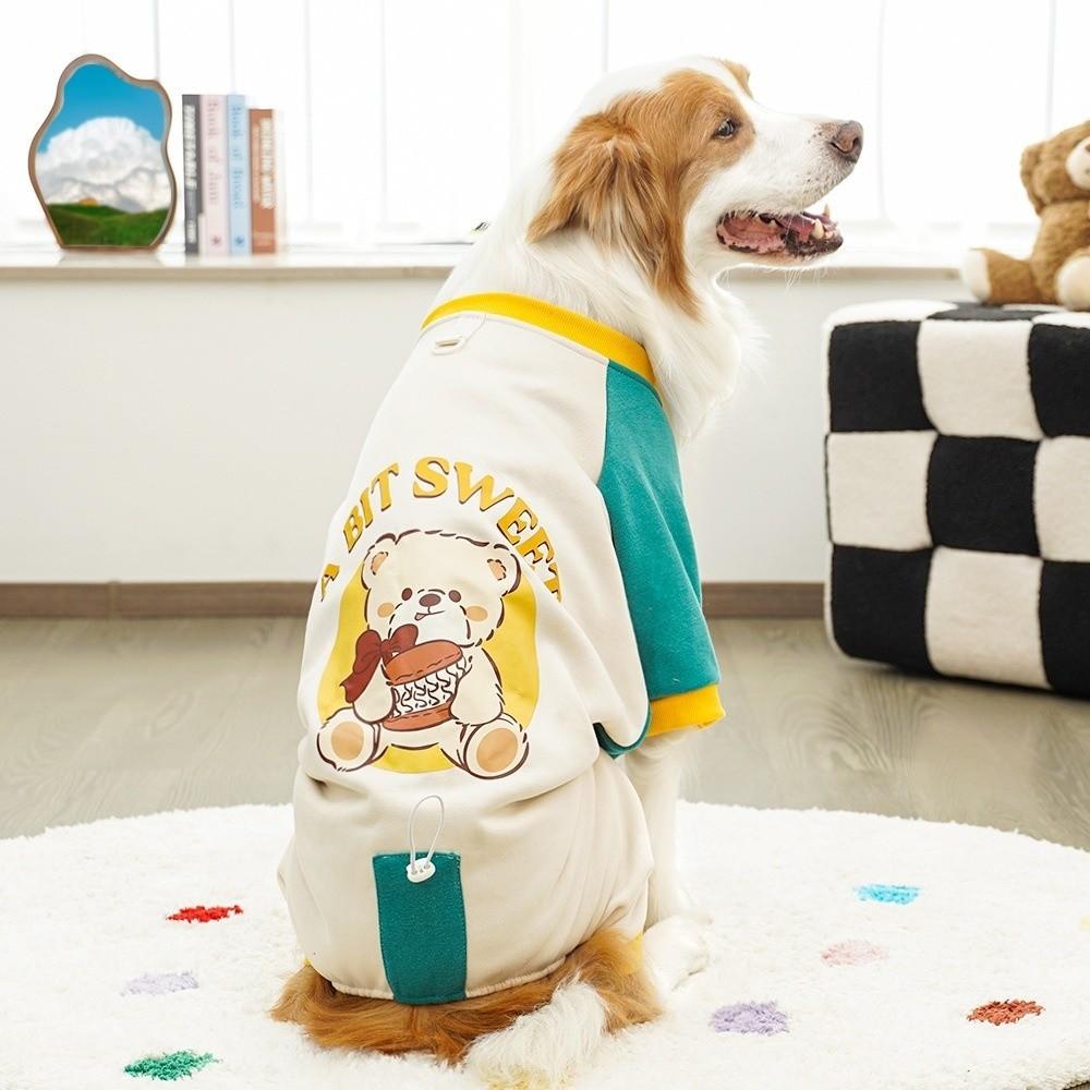 Bear Pattern Dog Jumpsuit Color Block Four Legged Clothes Cartoon Dog Warm Pajamas  Outdoor