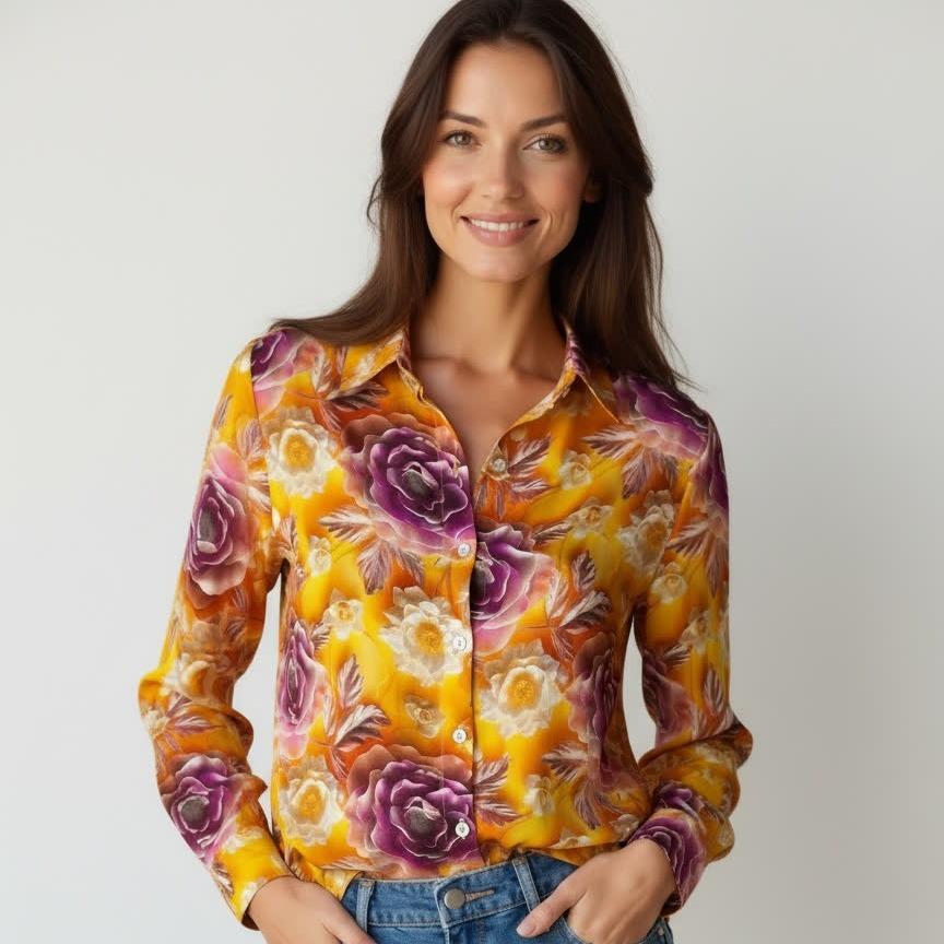 2026 Retro Rose Print Long-Sleeved Casual Shirt XXL