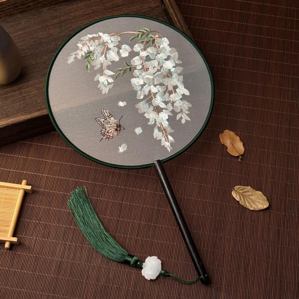 Red Flower Silk Fan Double Sided Embroidery Round Fan Chinese Palace Hanfu Hand Fan Craft Wedding Gift For Guests Home Decor