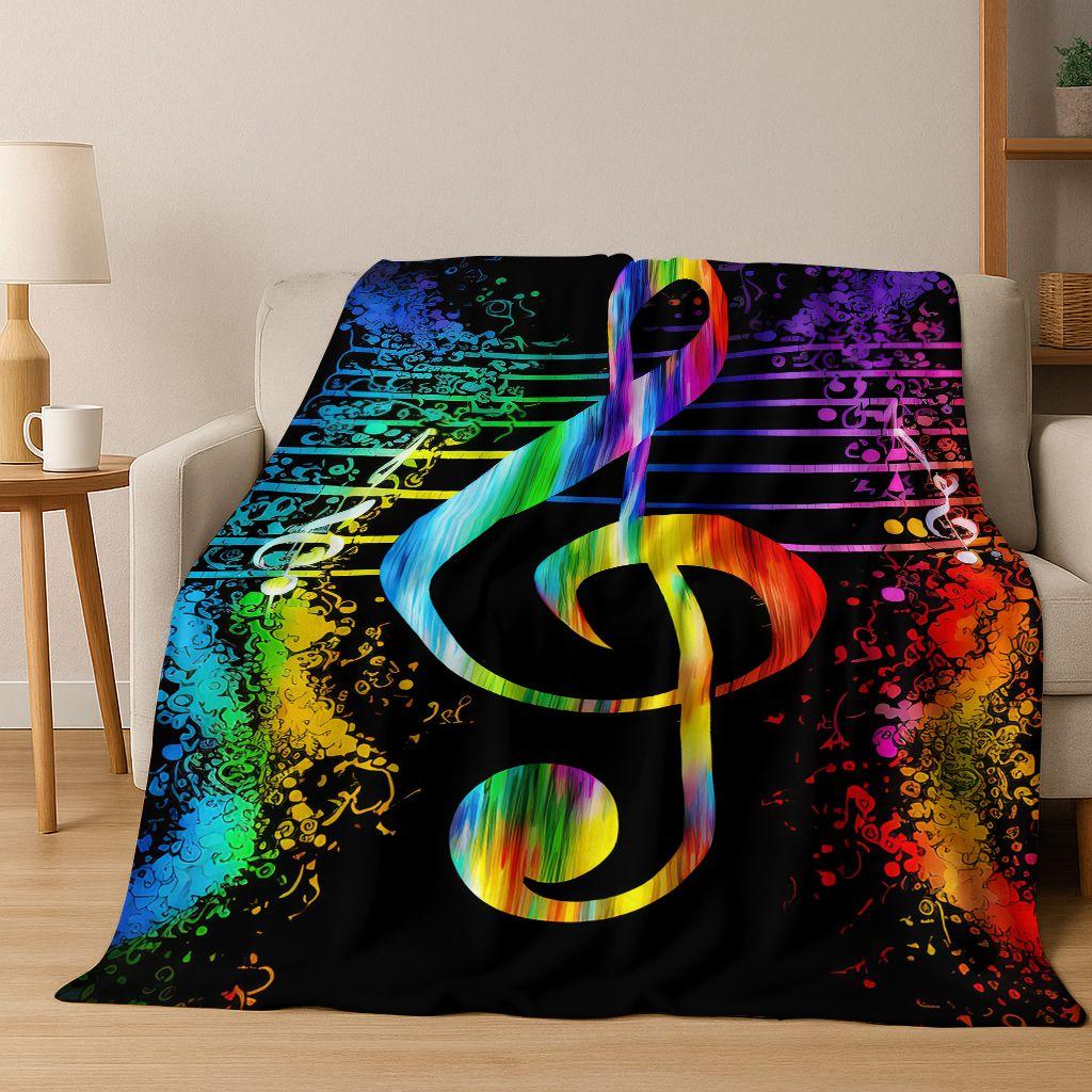 Tanzende Musik Musikalische Note Instrument Cartoon Flanell Decke, Gemütliche Weiche Überwurfdecke für Zuhause Schlafzimmer Bett Sofa Abdeckung Geschenk Kind