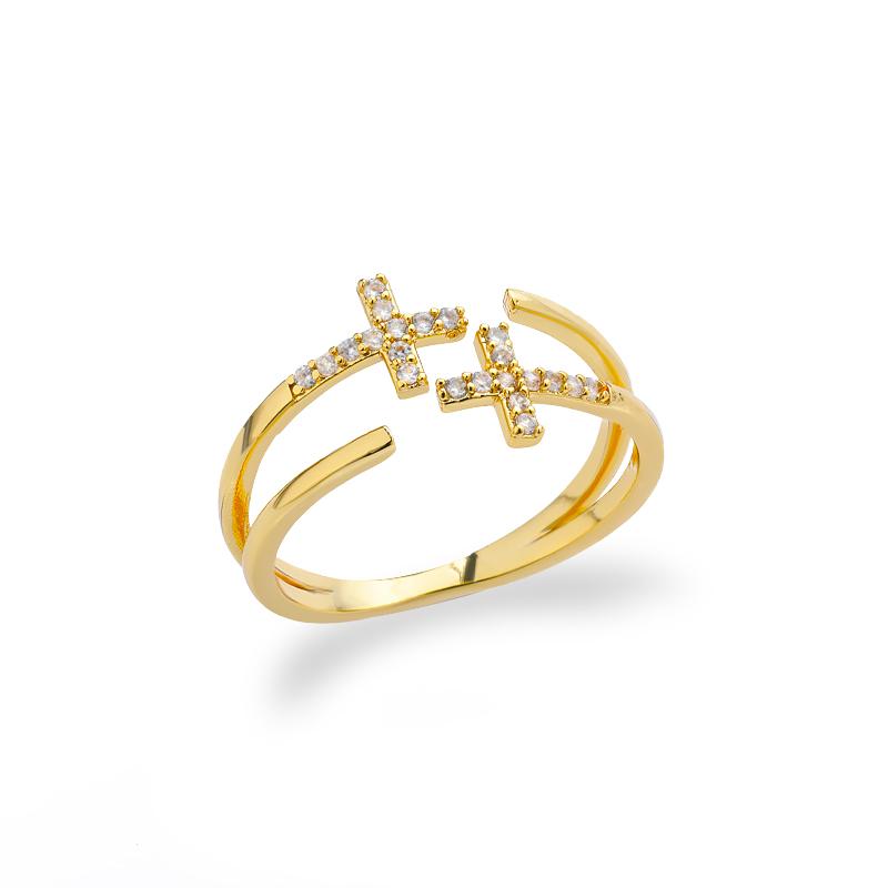 

Zircon Double Cross Rings For Woman Stainless Steel Gold Color Shiny Opening Ring New Luxury Fashion Wedding Jewelry Gift Bague resizable