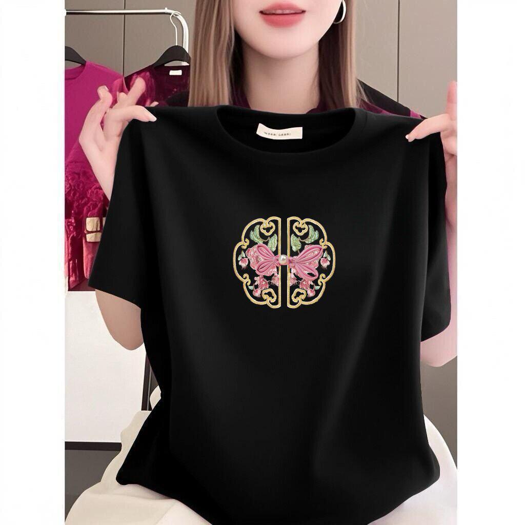 Chinese Embroidery Short Sleeve T-shirt - Women's Plus Size, Slim Fit, Stylish and Loose.