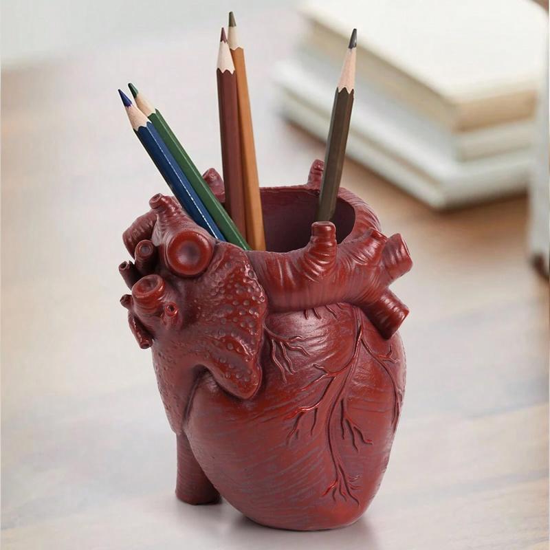 Creative Heart Shaped Resin Pen Holder Desktop Organizer Office Study Bookshelf Decor Art Supply Storage Accessory