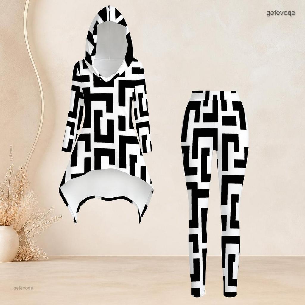 Women Plus Size Two Piece Set Hooded Long Sleeve Abstract Printed High Low Top And Fitted Pants