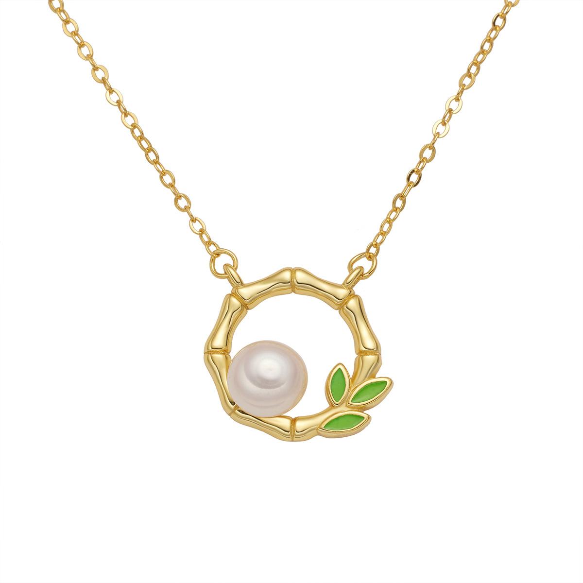 

Ожерелье из бамбукового кольца из стерлингового серебра 925 пробы, женское винтажное кольцо с инкрустацией из натурального жемчуга, цепочка на ключицу из эпоксидной смолы среднего размера 925 Silver