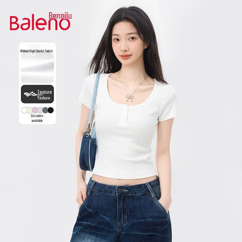 Baleno Women s U-Neck Button-Front Slim Fit Short Sleeve T-Shirt S