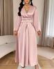 Women's Satin V Neck Wrap Lantern Sleeve Bandage Waist Pleated Maxi Dress Solid Color Casual Dress