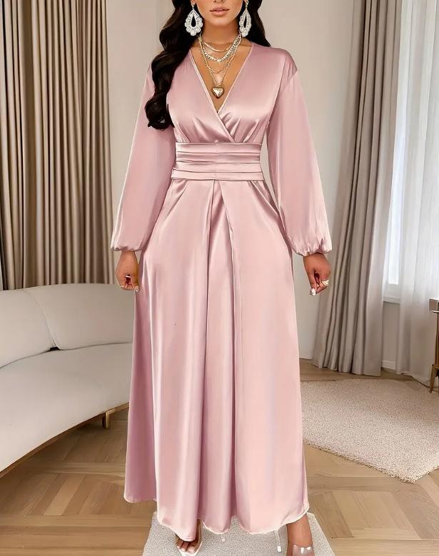 Women's Satin V Neck Wrap Lantern Sleeve Bandage Waist Pleated Maxi Dress Solid Color Casual Dress