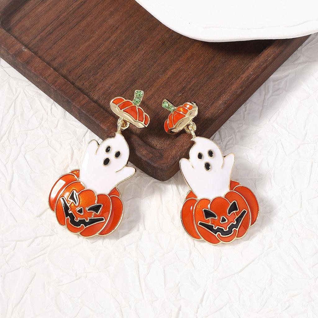Halloween New Dripping Oil Cute Cartoon Ghost Pumpkin Earrings Fashion Commuter Personality Retro Niche Style