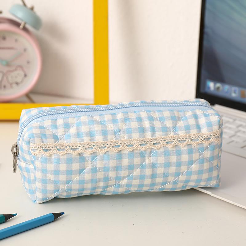 Large Capacity Pen Bag Sweet Plaid Lace Pencil Case Portable Student Stationery Storage Bag Girly Cosmetic Bag Gifts