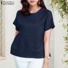 ZANZEA Lässige Bluse mit Rundhalsausschnitt, einfarbig, für den Sommer, kurzärmelig