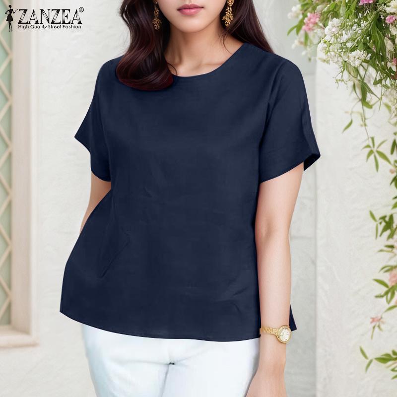 ZANZEA Lässige Bluse mit Rundhalsausschnitt, einfarbig, für den Sommer, kurzärmelig