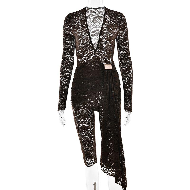 

Outfitgirl Niche Style Ribbon Sexy Lace Lace-up Deep V Chest-Flattering Jumpsuit Women s Tight Long Sleeves Club Wear Coffee L