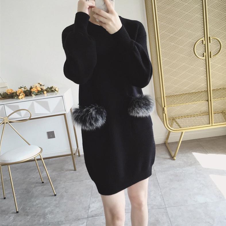Dress loose autumn and winter long-sleeved women's sweater Korean version rabbit fur pocket knitted sweater women