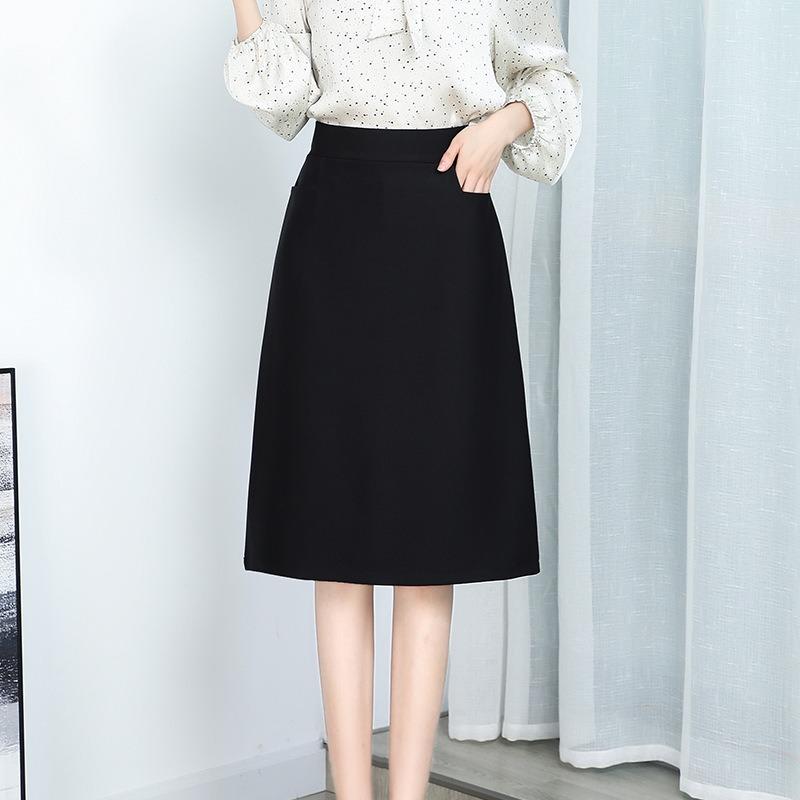 Women's High Waist A-line Midi Skirt with Built-in Shorts Pockets Solid Color Casual Office Work Skirt
