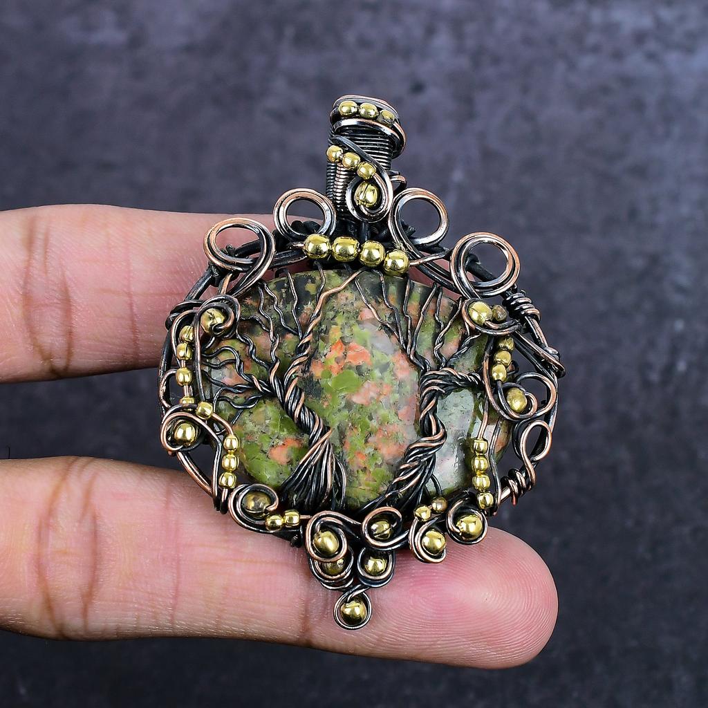 Unakite Gemstone Handmade Copper Wire Wrap Jewelry Pendant 2.56" ET-4932
