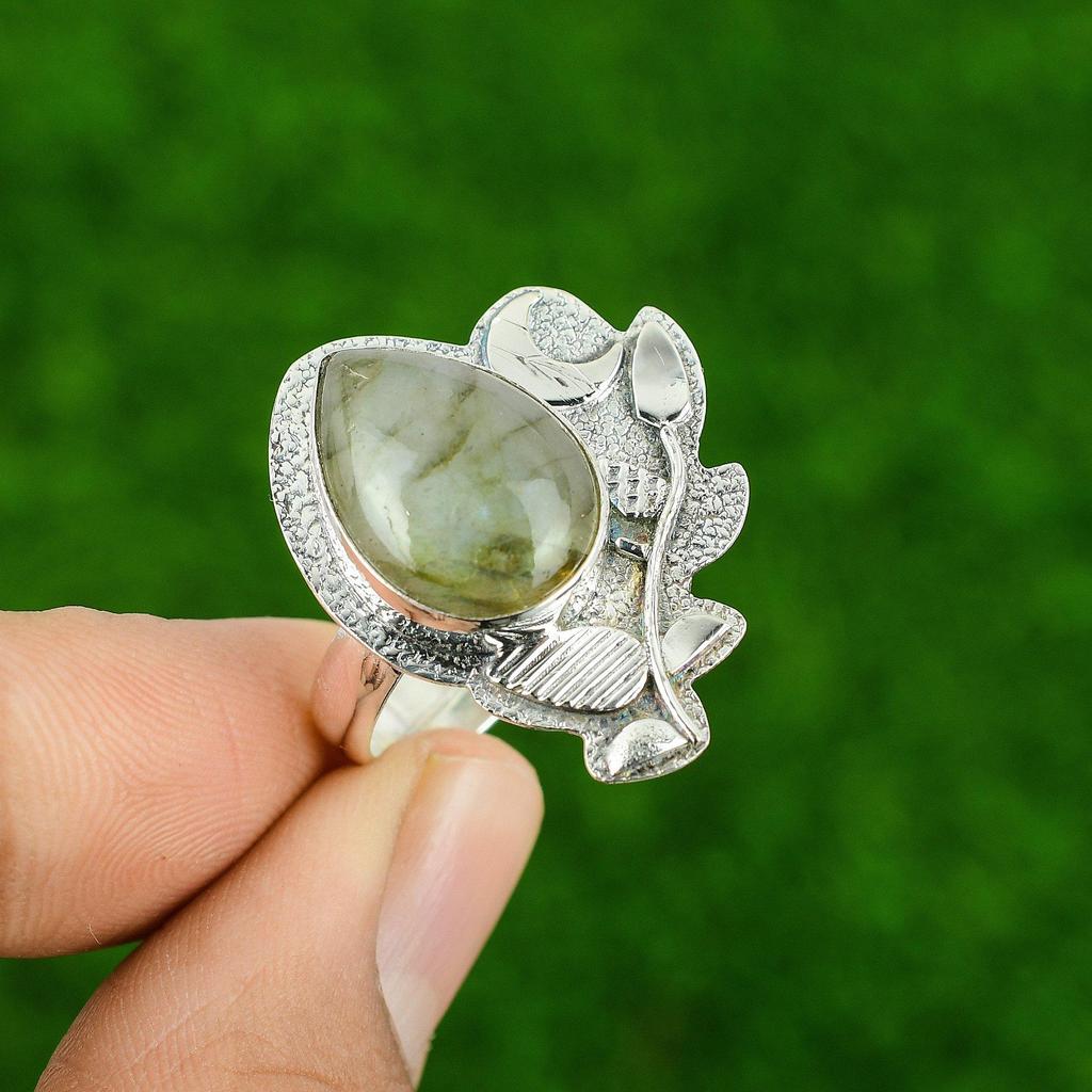 925 Sterling Silver Natural Labradorite Statement New Promise Cescent Moon Ring