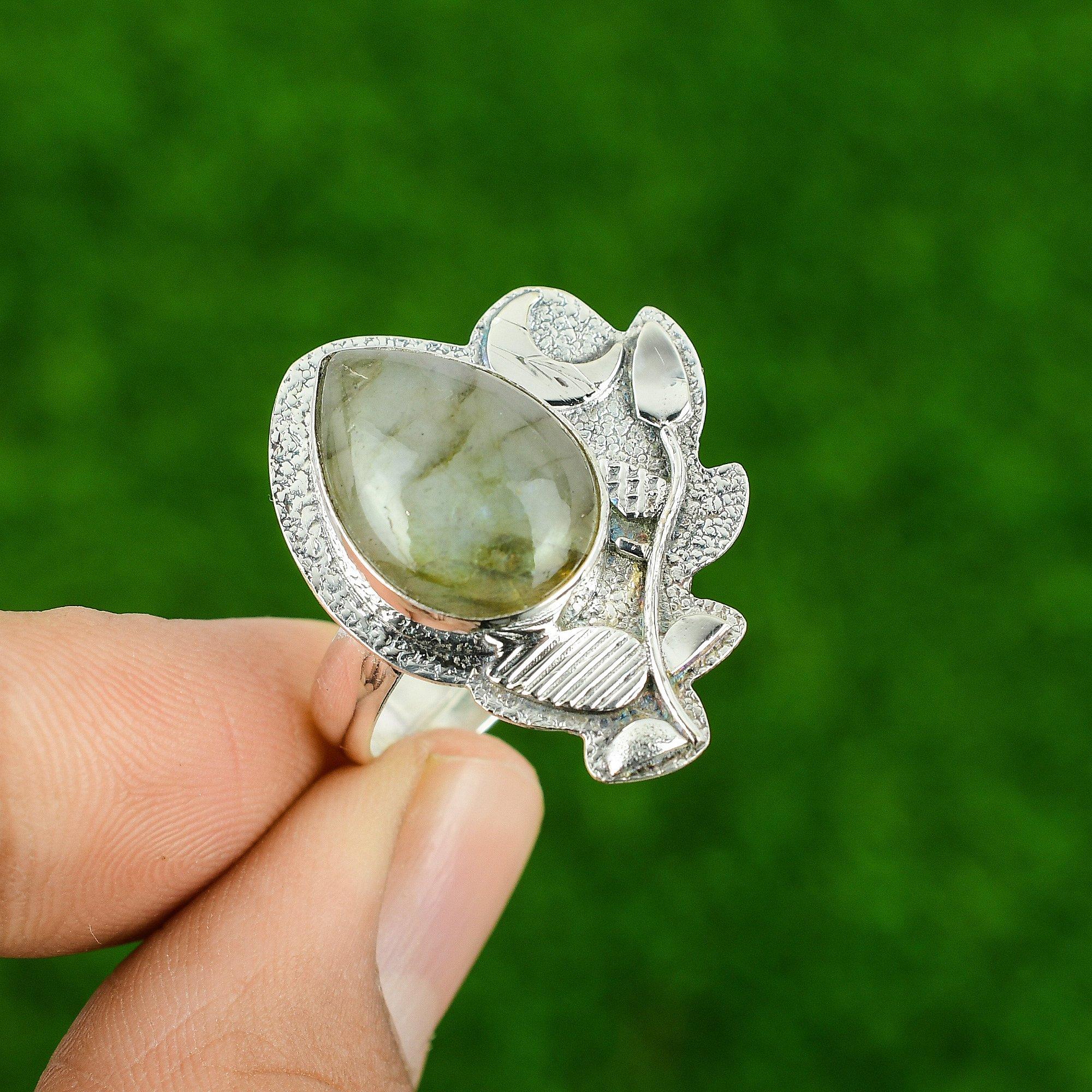 

Кольцо-заявление из стерлингового серебра 925 пробы с натуральным лабрадоритом в форме полумесяца Adjustable