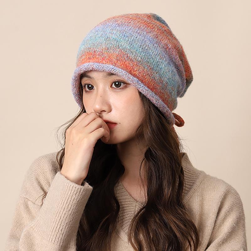 Fashion Ear Protection Gradual Change Wool Hat Showing Face Small Bag Head Stacking Hat Big Head Circumference Cold Hat Drawstring Crimping Knitted
