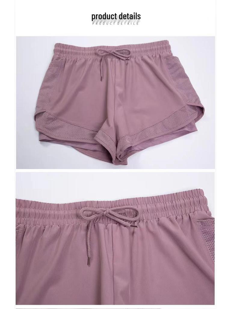 Damen Plus Size Schnelltrocknende Mesh Sport-Yoga-Shorts mit Anti-Exposure und Fake-Zweiteiler-Design