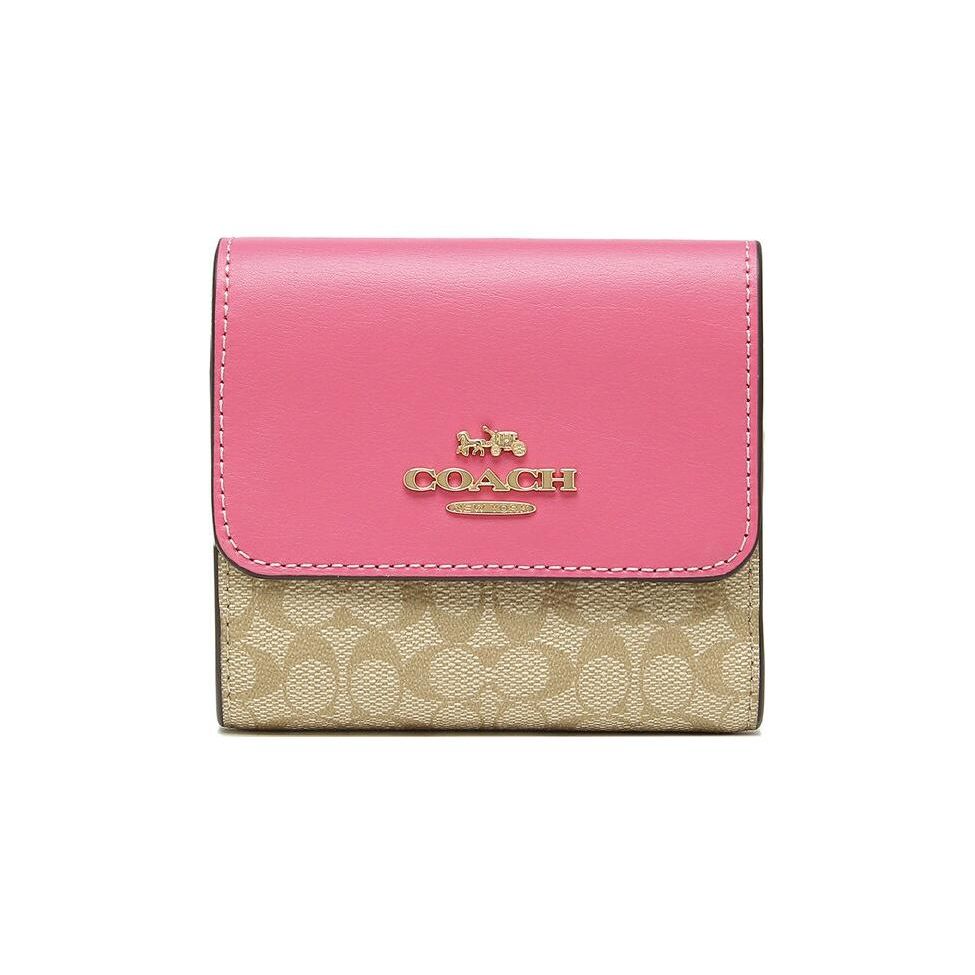 

Coach Trifold Wallet 11 Gold Letter Logo Classic Print Flap Coated Canvas And Leather Wallet Women wallet Khaki Pink CF369-IMVGK Basic Set (Bag+Dust Bag)