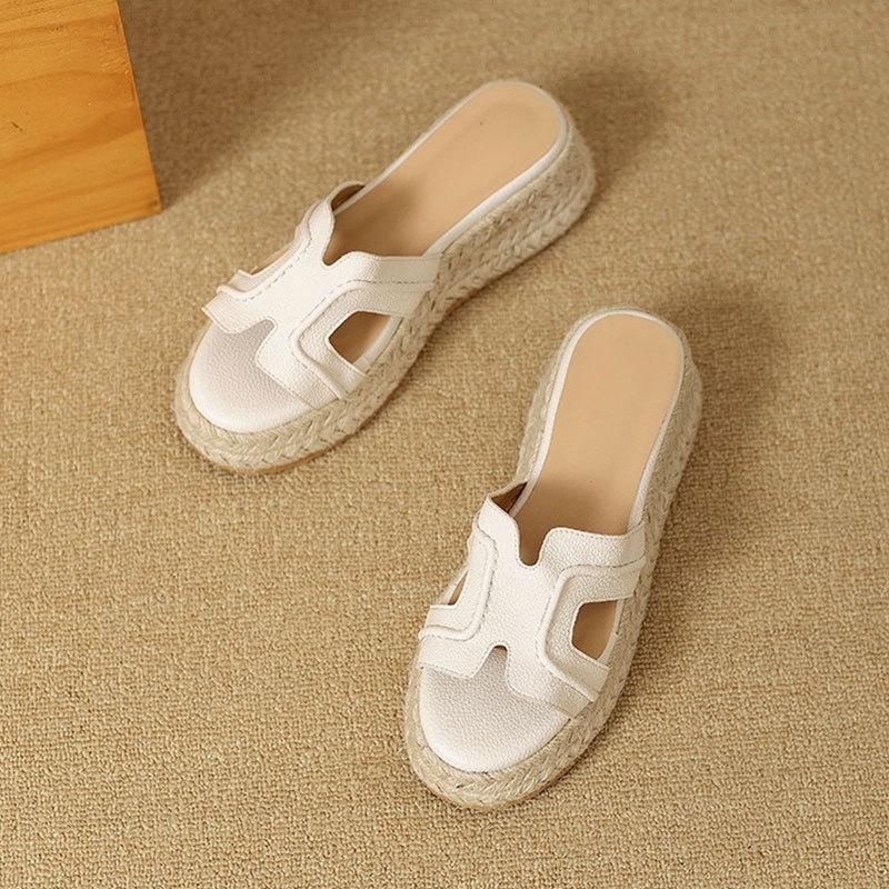 

Small thick-soled one-word slippers women s 2025 new summer wear woven wedge heel sandals with skirt cool slippers 35