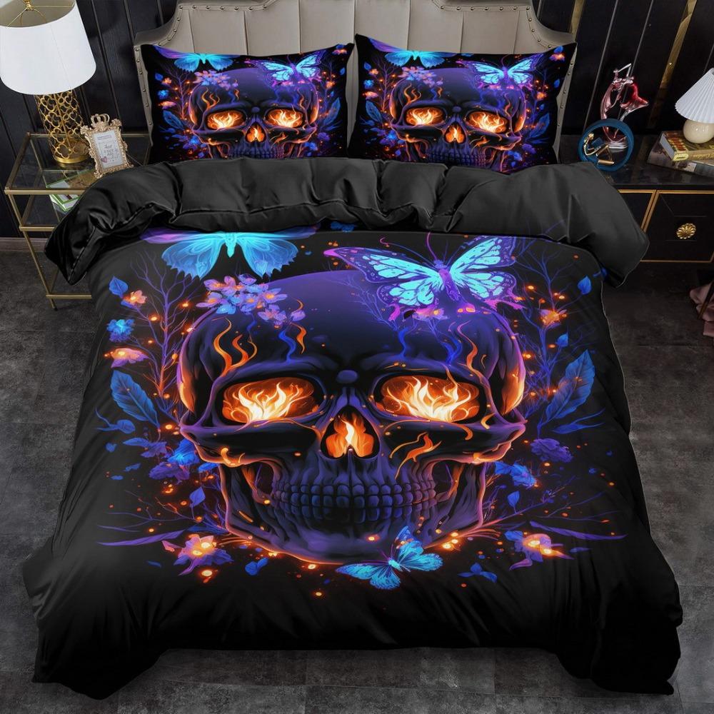 3pcs Black Bedding Set Gothic Colorful Skull Butterfly Printed Soft Duvet Cover King Queen Twin Size Birthday Gift Bedroom Decor