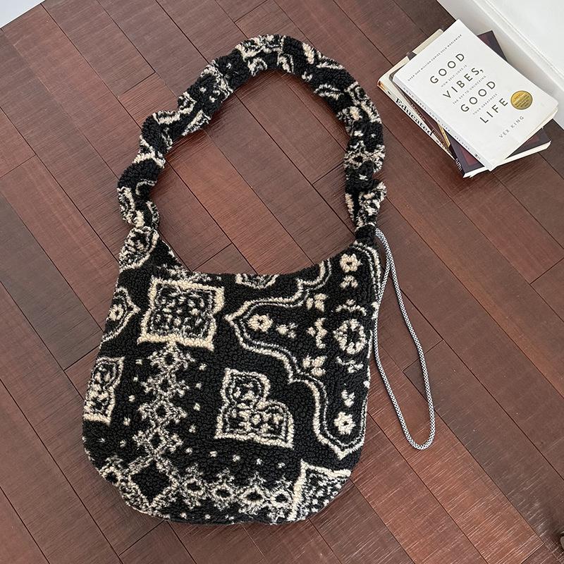 Plush Tote Bag Hot Korean Polka Dot Shoulder Bag Adjustable Drawstring Crossbody Bag Commuter Zipper Tote Bag Travel Storage Bag
