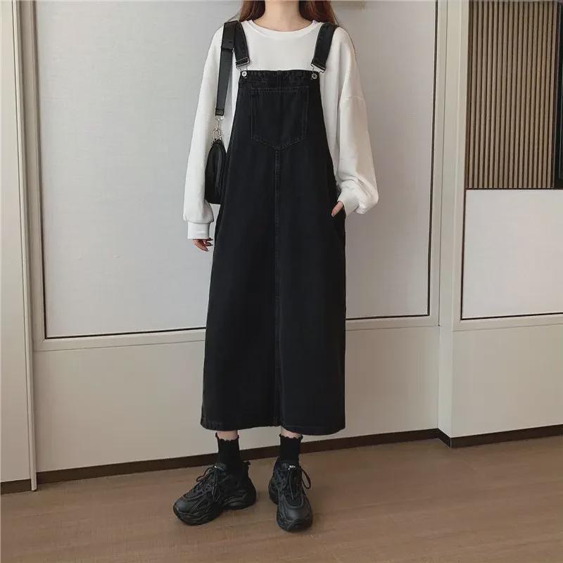 Women's Plus Size Slim Korean Denim Overall Skirt - Age-Defying, Loose, Mid-Length for Spring/Autumn