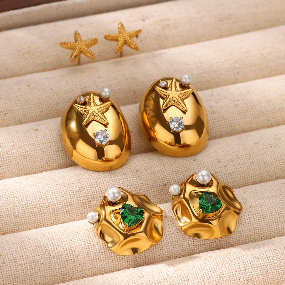 Cubic Zirconia Starfish Oval Earrings Faux Pearl Stainless Steel Earring Women Wedding Chunky Jewelry Vintage Accessories Gifts