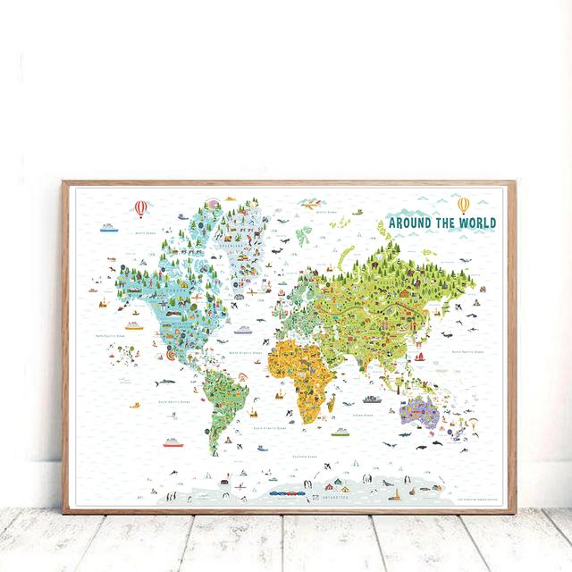 Mappa del mondo dei cartoni animati Pittura su tela Decorazioni per la camera dei bambini Poster e stampe Decorazioni per l'aula Immagini di arte della parete Decorazioni per la casa
