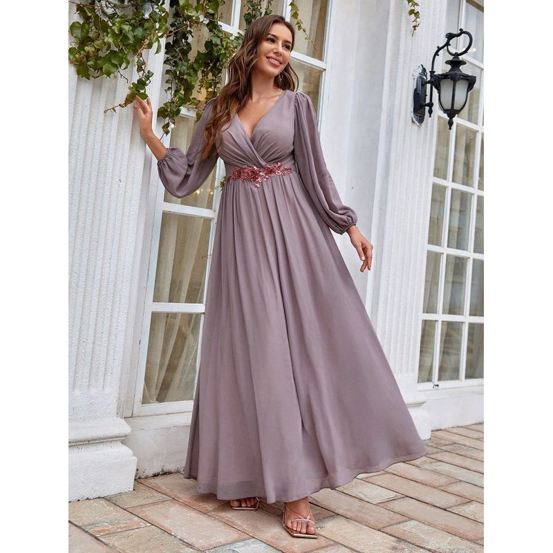 Foreign Trade European and American Style Evening Dress V-Neck Elegant Long Dress Sexy Dress Long Maix Party Dress Light purple S
