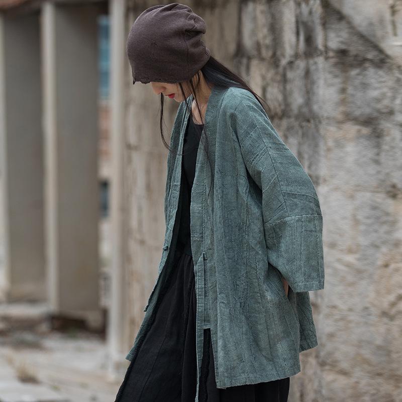 Women's Zen-Style Tie-Dye Pleated Cotton Linen Jacket with Lace-Up Oblique Lapel