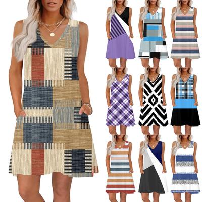 Women's Summer Dresses Loose Fit Printed V Neck Sleeveless Sundresses Beach Hawaiian Dress With Pockets