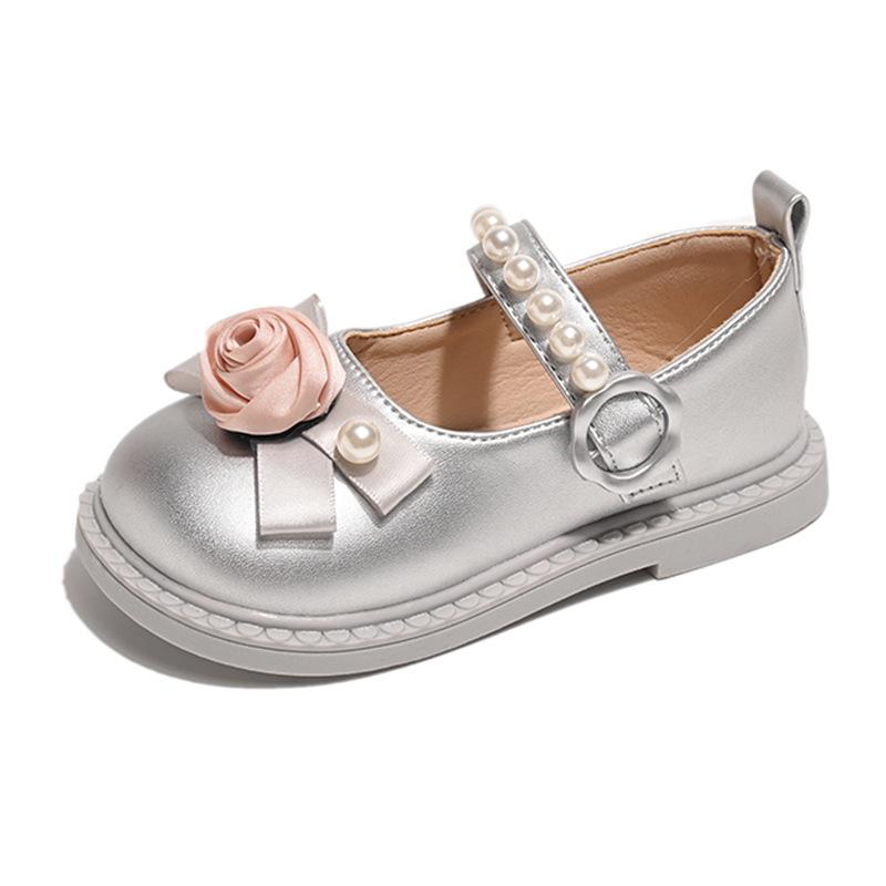 Children's Rose Floral Pearl Mary Jane Shoes - Non-slip, Stylish Spring/Autumn Leather Princess Shoes