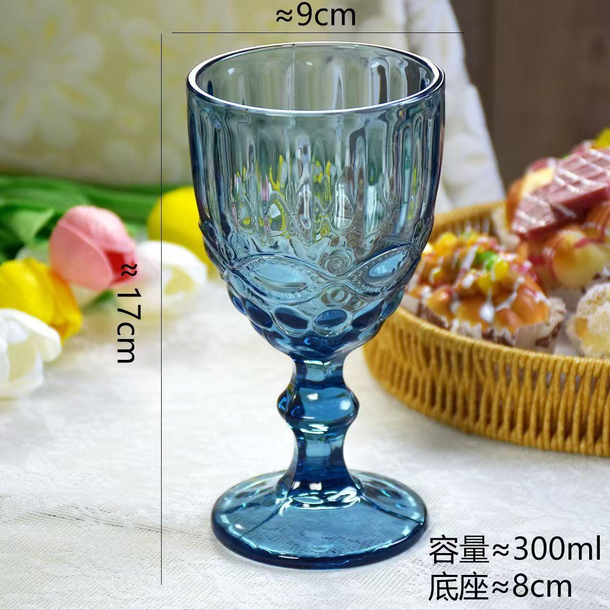 1PC European Style Glass Cup Vintage Embossed Petal Glass Carved Red Wine Juice Goblet 301-400ml синий