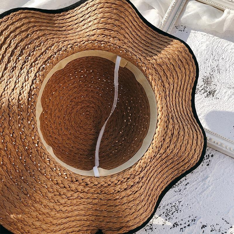 Black hemmed straw hat women's beach hat large brim summer sun hat travel sun hat