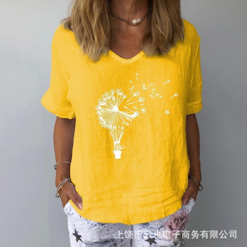 New Women's V-Neck Short Sleeve Loose Casual Pugongying T-Shirt